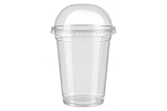 Empty transparent plastic cup with handle lid on transparent background