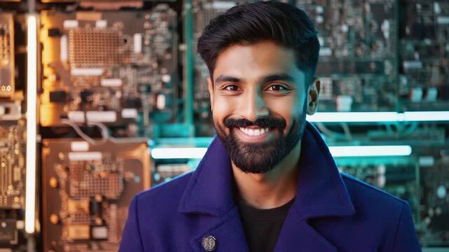 A confident and smiling man, posing in front of complex technological circuits, showcasing his expertise and passion. The background highlights the man's technical domain