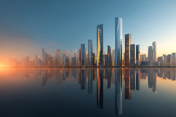 Obraz premium Stunning modern city skyline reflecting in calm water during sunrise, vibrant urban landscape, luxury commercial architecture