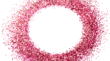 Sparkling pink glitter forms a circular frame on a clean white background, perfect for festive designs.