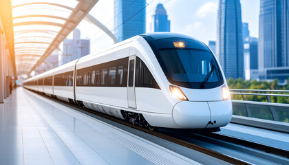Naklejka premium White Modern Train On Track In Urban Setting With Skyscrapers And Sunny Weather