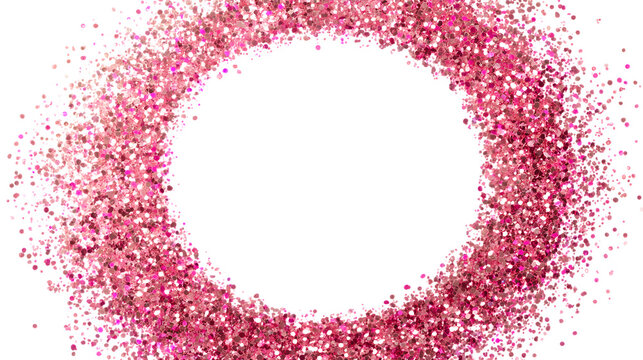 Sparkling pink glitter forms a circular frame on a clean white background, perfect for festive designs.