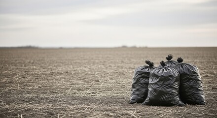 Several full black trash bags left on a dry field. Concept of earth day clean up, waste collection, and environmental volunteering.