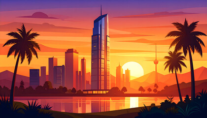 Pixelated Cityscape At Sunset Silhouette Of Buildings Palm Trees And Mountains In An Orange Sky