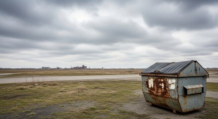 Obraz premium Rusty industrial dumpster on open field under cloudy sky. Environment pollution and neglect concept.