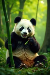 Fototapeta premium Happy panda enjoying bamboo snack in vibrant forest, clipart, natural habitat, bamboo leaves