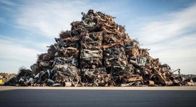 Vast pile of scrap metal under a blue sky, representing recycle and waste management. Industrial junkyard for environmental sustainability.
