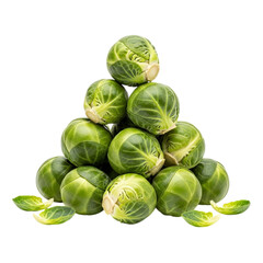 Fresh green brussels sprouts stacked in a pyramid shape isolated on transparent background