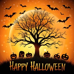 Spooky halloween night with bats flying around a bare tree and jackolanterns in front of a large full moon with happy halloween text