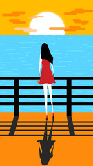 Woman in a Flowing Red Dress Watching the Sunset by the Ocean ,  Relaxing Summer Evening, Beach side Free Time and Serenity , Red dress woman with lake Illustration