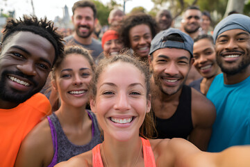 Diverse group of friends smiling widely, celebrating a marathon or race together outdoors, joyful expressions