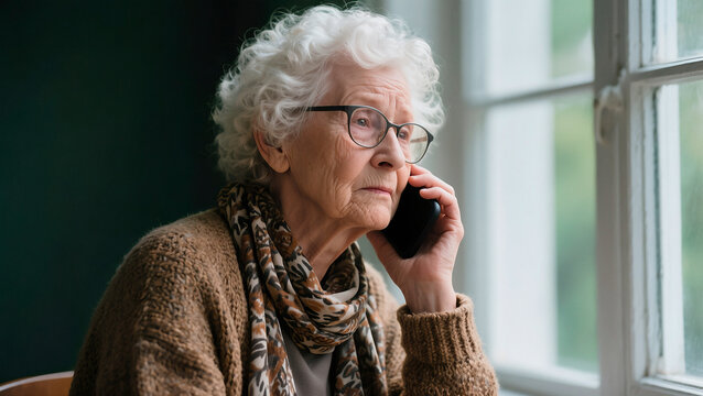 Elderly woman talking on phone by window