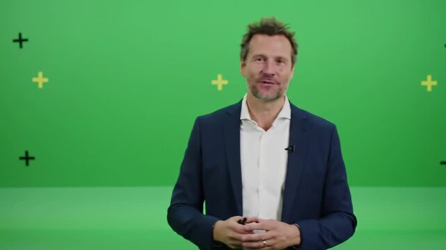 A confident businessman stands in front of a green screen with a warm smile, ready for a presentation or interview