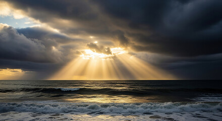 Sun Rays Breaking Through Dark Clouds Over Ocean – Stunning Seascape with Golden Light, Dramatic Sky, Waves, Sunrise and Nature Beauty