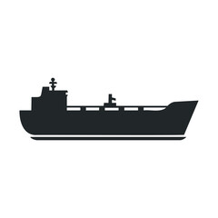 Silhouette of large cargo ship on calm water