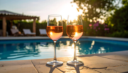 Two Champagne Glasses Filled With Rose Wine Beside Swimming Pool Under Sunlight