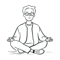 Young caucasian male meditating in cross-legged pose line art illustration