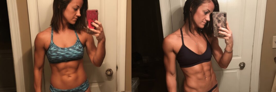 Transformation Journey Showcasing Fitness Progress With Defined Abs and Toned Physique in Two Mirror Selfies Taken at Home
