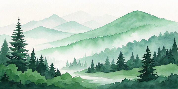 Misty Green Mountain Watercolor Landscape Forest, River, Peaks, Watercolor Painting Watercolor painting, landscape, nature