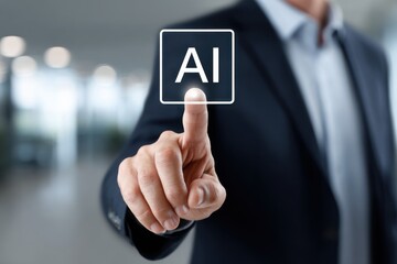 Businessman touching AI icon on virtual screen, activating artificial intelligence system.