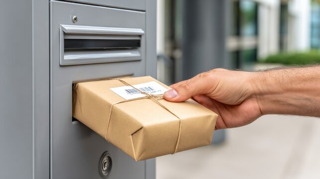 Hand inserting a small, string-tied package into a gray drop box outside of a building.