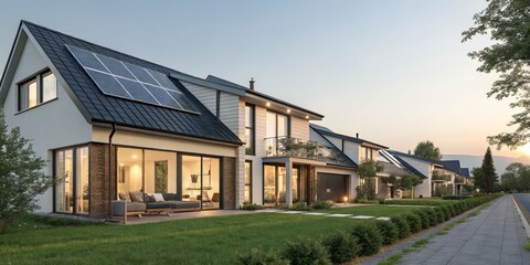 Modern Solar House Row Architectural Visualization, Dusk Scene, Sustainable Design, Solar Panels, Eco-Friendly Home Solar Energy, Sustainable Living