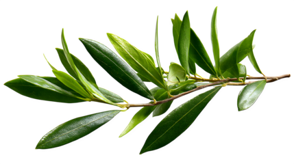 A vibrant green olive branch with lush leaves, symbolizing peace and growth against a clean white background.
