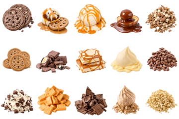 Set bundle of food flavor cue ingredients transparent PNG isolated background. Cookies and cream, caramel, chocolate, coffee taste flavors, colorful presentation visual for candy, ice cream, product