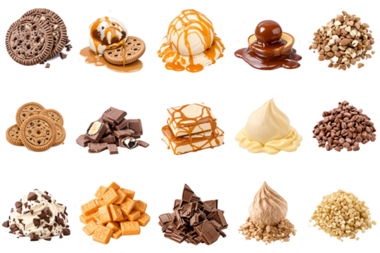 Set bundle of food flavor cue ingredients transparent PNG isolated background. Cookies and cream, caramel, chocolate, coffee taste flavors, colorful presentation visual for candy, ice cream, product