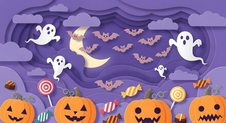 Spooky Halloween Night with Pumpkins Bats and Ghosts under a Crescent Moon