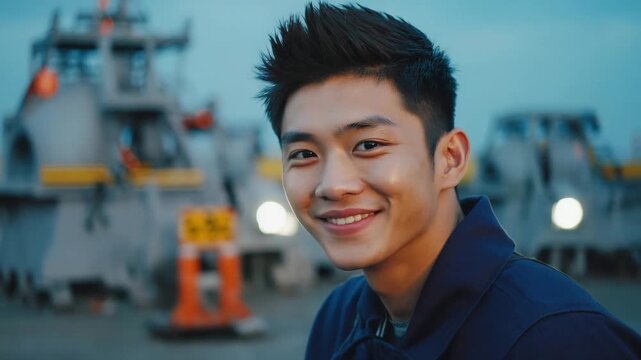A smiling man poses in front of industrial vehicles. The man exudes confidence and positive attitude