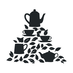 Tea time silhouette: teapots, cups, and leaves composition