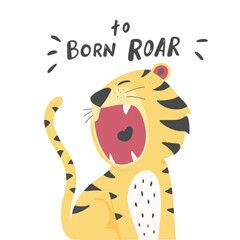Illustration of cute roaring tiger with playful phrase