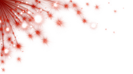 Sparkling red abstract bursts of light radiate across a clean white background, evoking celebration and wonder.