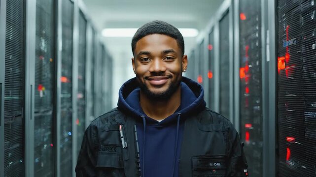 A young man smiling confidently stands in a data center with servers