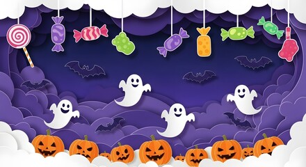 Naklejka premium Spooky Halloween night with flying ghosts hanging candies and carved pumpkins on a starry sky