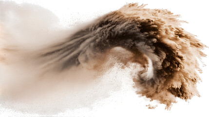 Explosion of dry earth and dust in a dynamic, swirling motion against a white background.