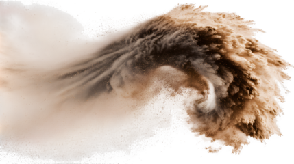 Explosion of dry earth and dust in a dynamic, swirling motion against a white background.