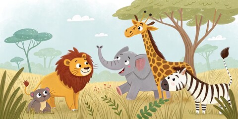 Obraz premium Safari Friends Illustration of Lion, Elephant, Giraffe and Zebra in Savannah, Digital Painting, Children's Book Style Safari animals, children's illustration