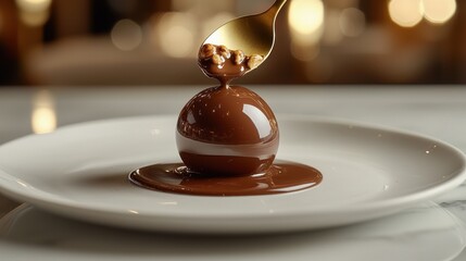 Gourmet chocolate sphere dessert showcasing hazelnut praline detail dripping onto pristine plate in fine dining setting