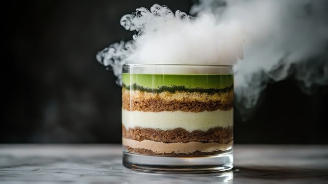 Dessert smoke presentation showcasing artisanal layered matcha dessert with flowing white smoke in transparent glass for luxury establishment
