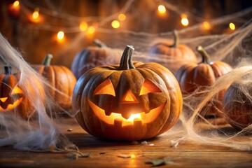 Obraz premium Glowing Jack o Lanterns with Cobwebs and String Lights for Halloween