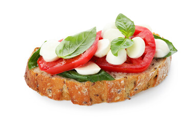 Delicious sandwich with mozzarella cheese, tomatoes and basil isolated on white