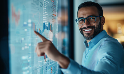 A professional man smiles while interacting with a digital display showing data charts, emphasizing engagement and technology in a modern workspace.