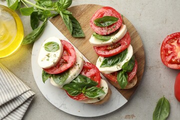 Delicious sandwiches with mozzarella cheese, tomatoes and basil on grey textured table, flat lay