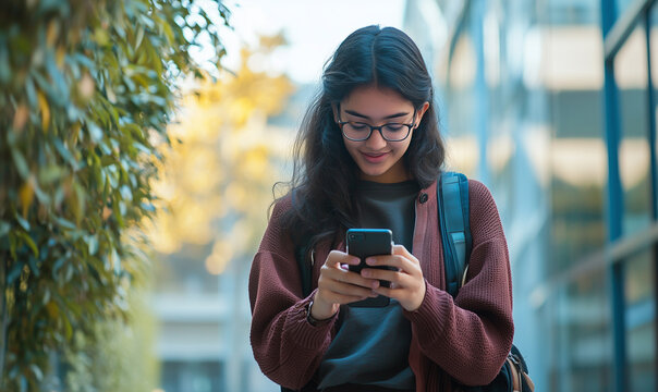 A young woman in glasses is absorbed in her smartphone while walking outdoors, surrounded by greenery and modern architecture.