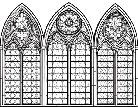 Medieval gothic church glass arch windows. Catholic temple or castle arched stained  
