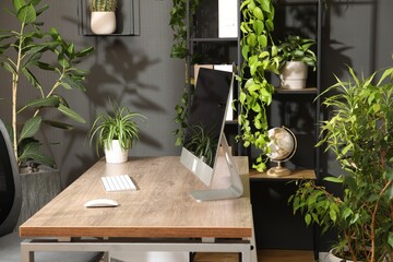 Biophilic interior design. Stylish workplace with computer and houseplants in office