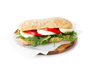 Delicious sandwich with mozzarella cheese, tomato and arugula isolated on white