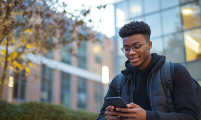 Young student engaging with tech urban campus lifestyle photography daytime candid moment economic trends in education
